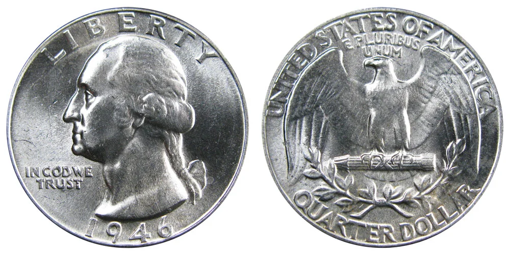 Side-by-side comparison of normal 1946 Washington Quarter obverse versus DDO FS-101 with visible doubling on IN GOD WE TRUST