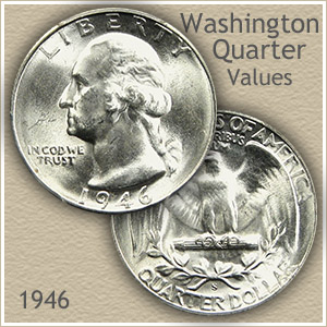 Group of 1946 Washington quarters from all three mints showing varying grades from worn to gem uncirculated