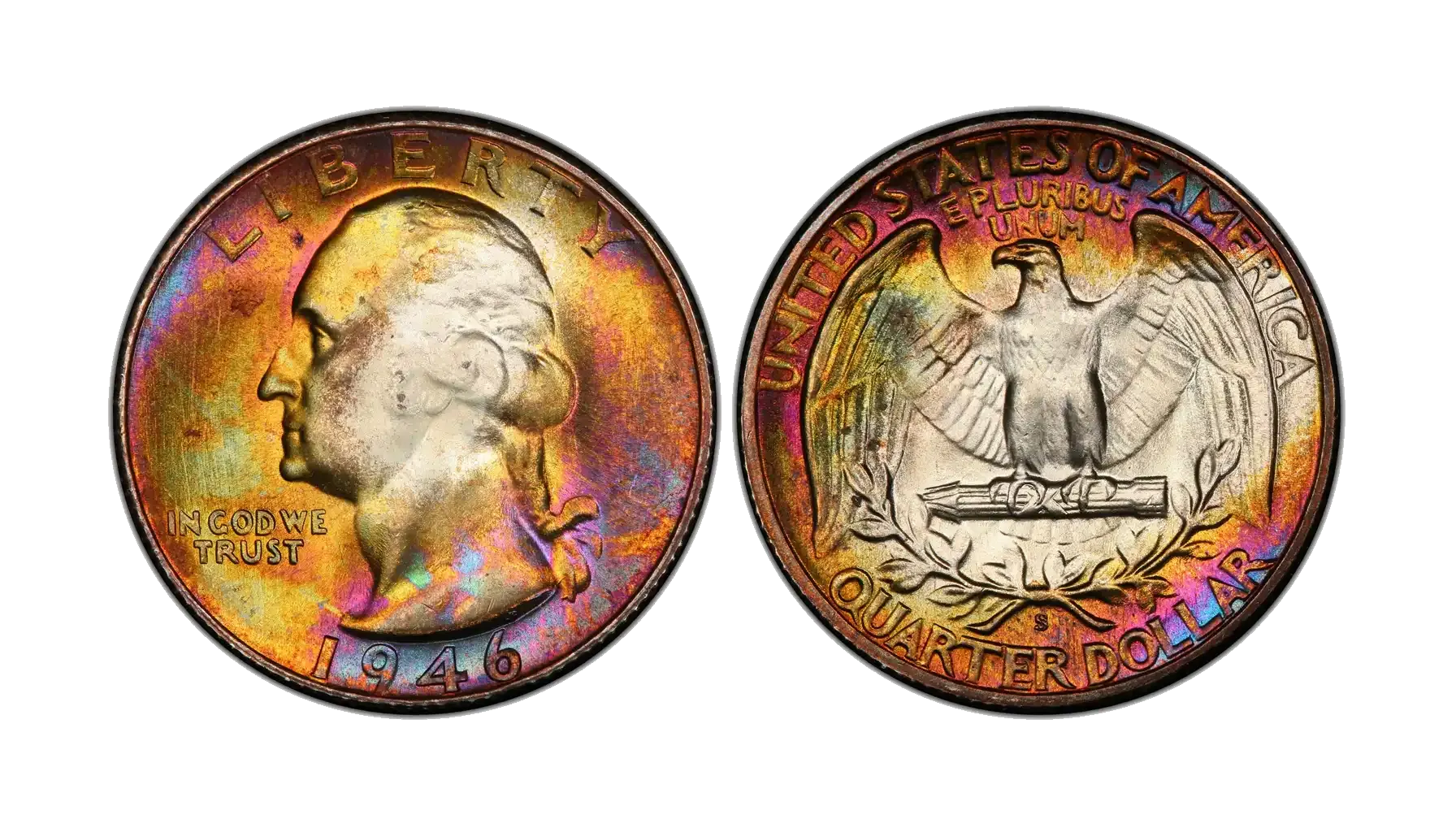 1946 Washington Quarter grading strip showing four condition tiers from worn to gem uncirculated side by side